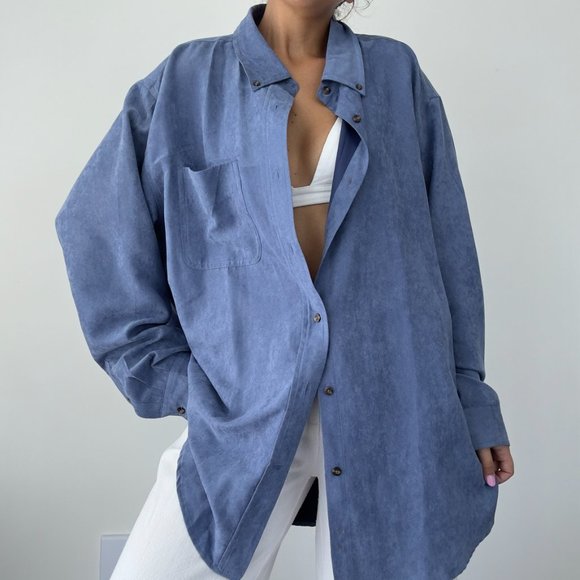 Vintage vegan suede button front shirt blue - Picture 7 of 11